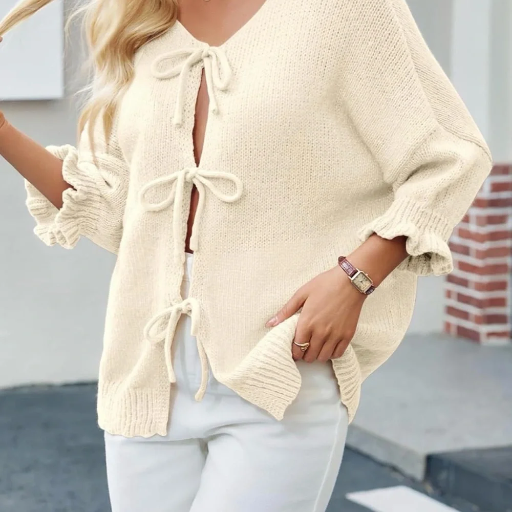 Women’s Cream Tie-Front Knit Cardigan Sweater